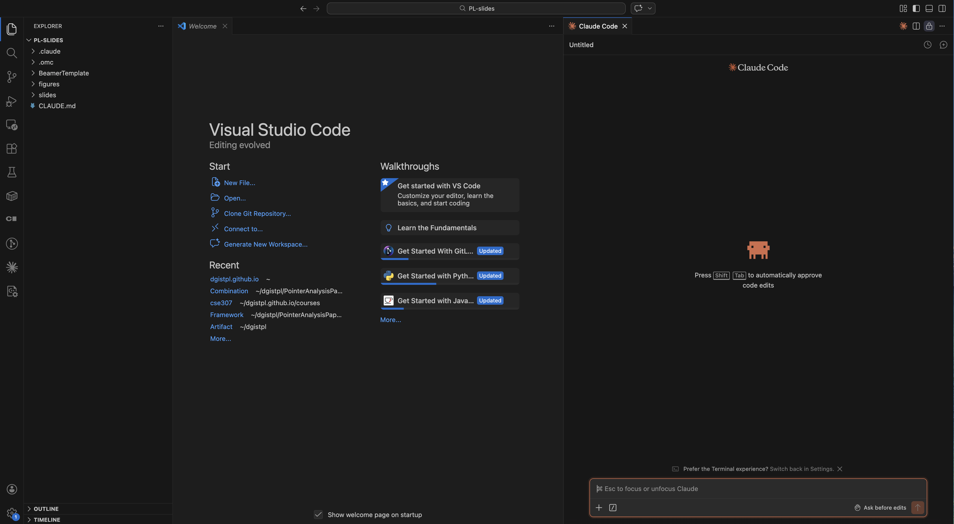 VS Code with file explorer (left) and Claude Code chat panel (right)