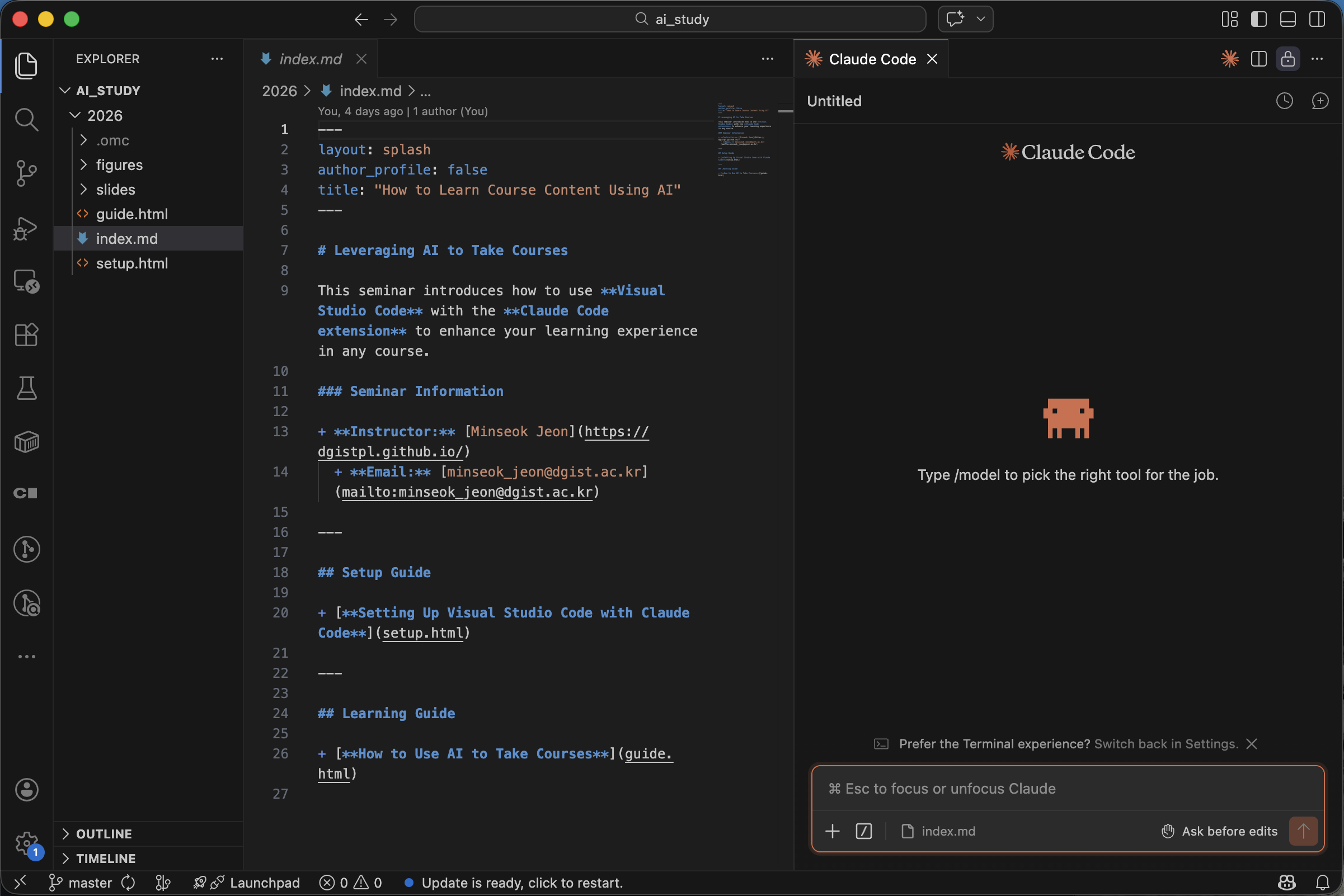 VS Code with file explorer (left) and Claude Code chat panel (right)